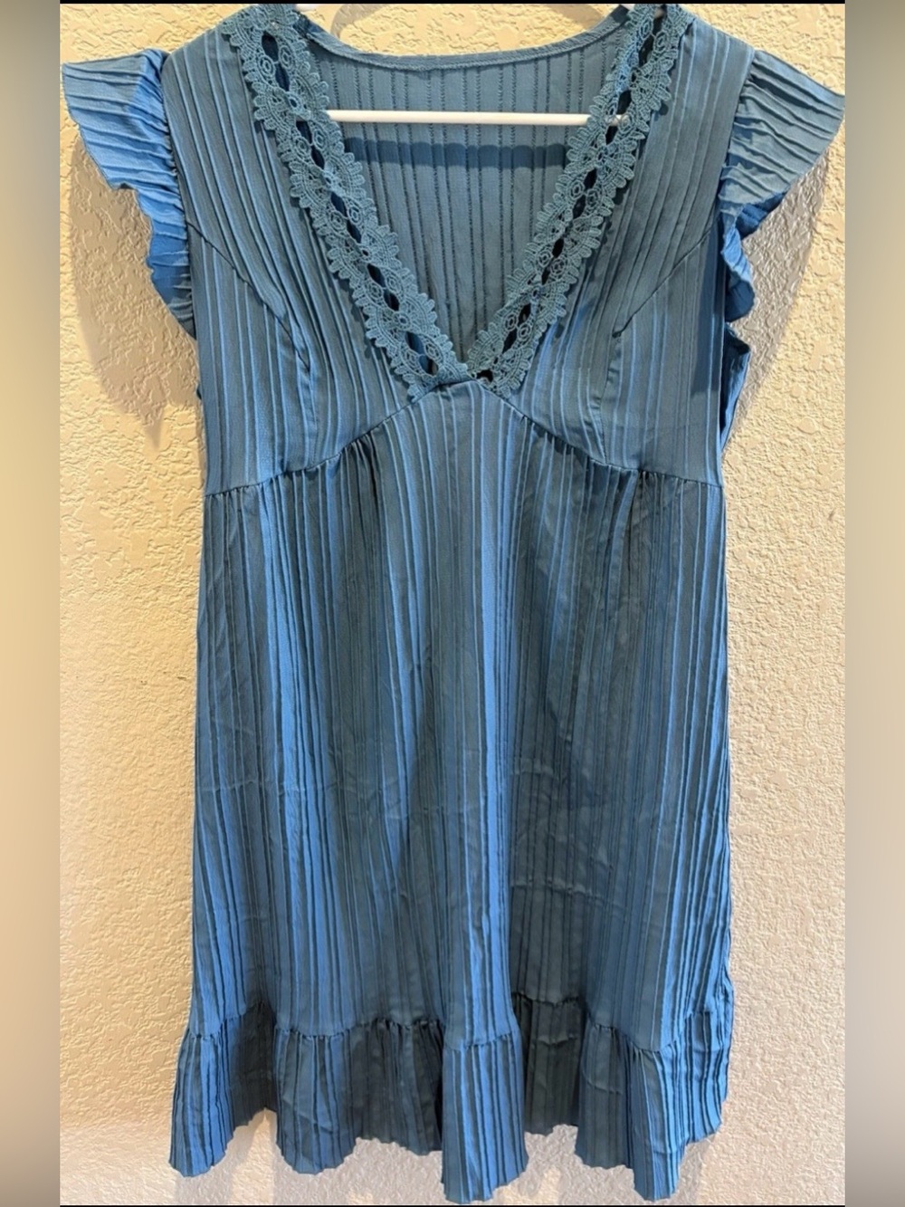 Women's Blue V-Neck Dress Lace Trim Ruffle Hem Flutter Sleeve
